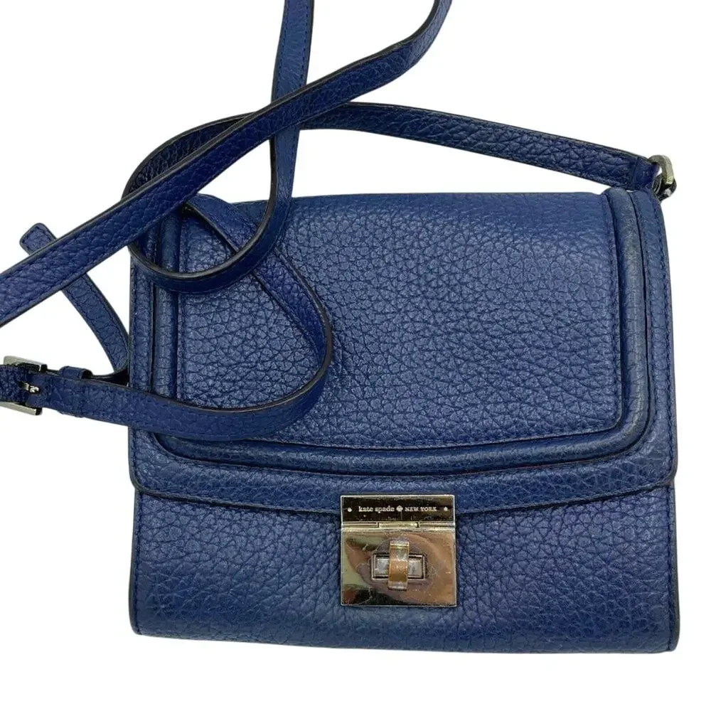 Kate Spade NY Merrick Blue Crossbody Handbag Pebbled Leather Purse Bag Gold